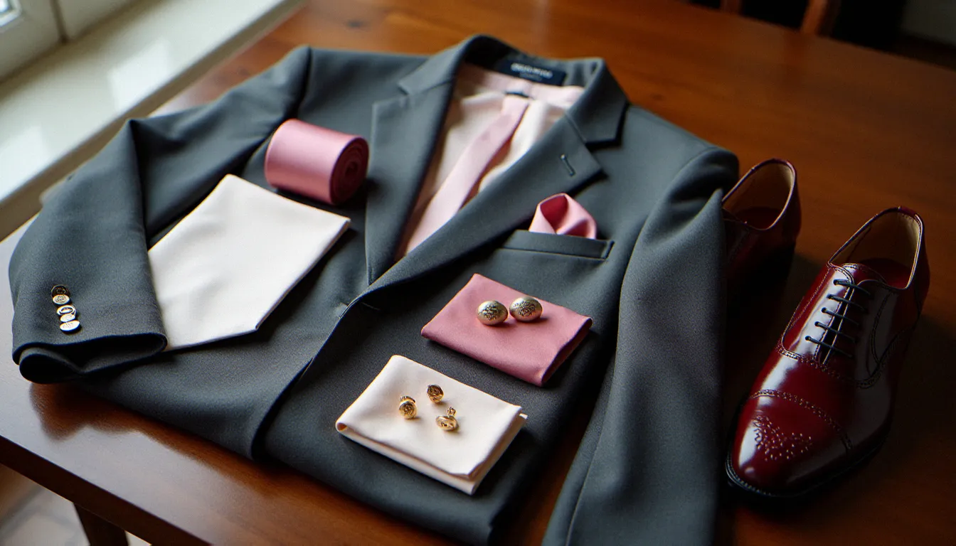 Accessoires de costume pour mariage invité disposés sur une table en bois : veste gris anthracite, cravate rose poudré, pochette blanche et chaussures en cuir bordeaux