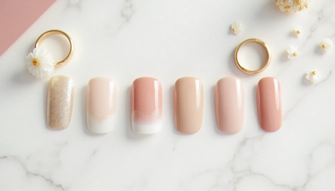 Présentation des différentes variantes de french manucure mariage en 2026 : liseré blanc classique, doré, nude et milky irisé, posées sur marbre blanc avec une alliance dorée