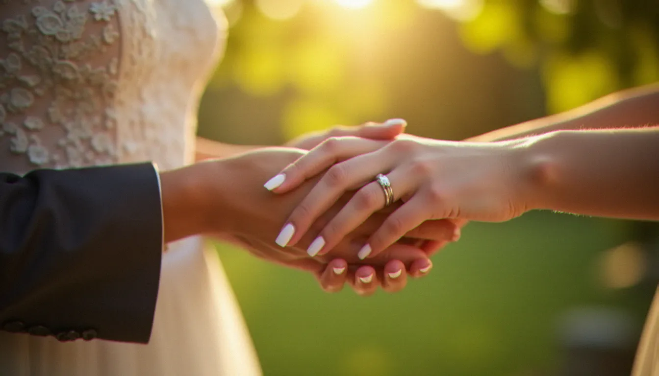 Mains des mariés entrelacées lors de la cérémonie en extérieur, french manucure mariage milky visible sur les ongles de la mariée, lumière dorée naturelle de fin d'après-midi