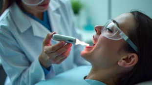 Séance de photo bio modulation buccale dans un environnement clinique, illustrant la thérapie lumineuse utilisée en contexte cancer