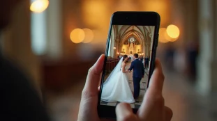 Mains tenant un smartphone affichant une vidéo TikTok de mariage avec la fonctionnalité photo comment tiktok apk visible à l'écran