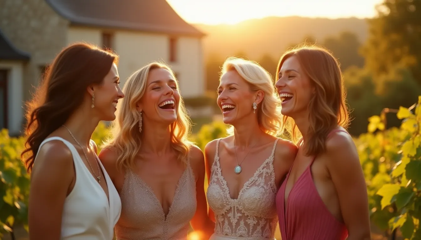 Groupe d'invitées de mariage souriantes dans un jardin de vignoble en lumière dorée, illustrant des styles de maquillage mariage invitée adaptés à l'automne