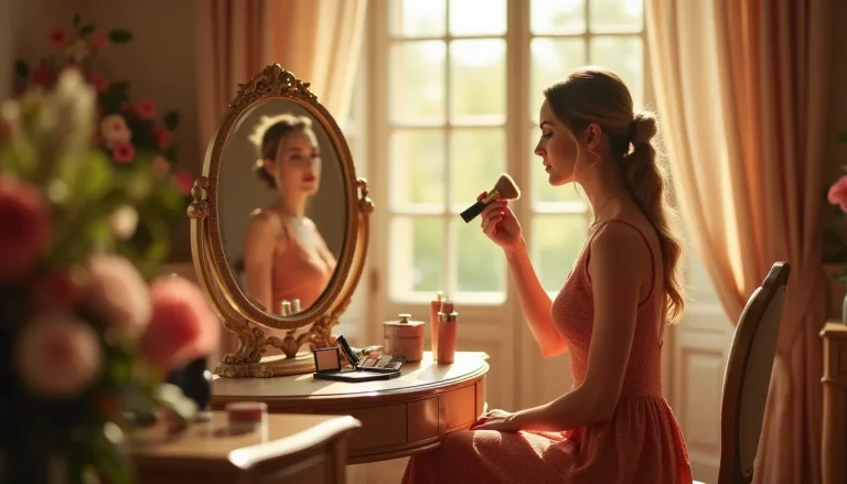 Invitée élégante appliquant son maquillage mariage devant un miroir de château dans une lumière dorée du matin