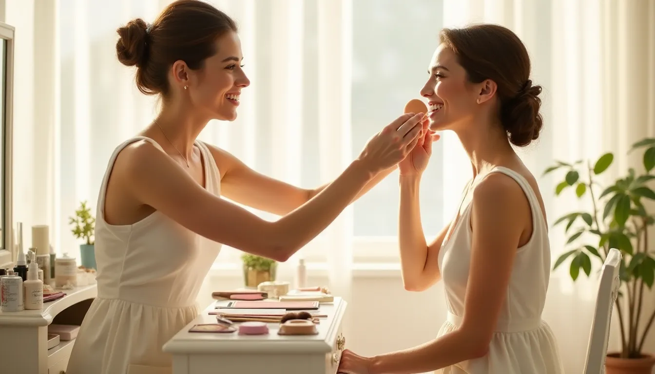 Maquilleuse professionnelle appliquant délicatement un fond de teint léger sur le visage d'une mariée souriante lors des préparatifs du matin de son mariage
