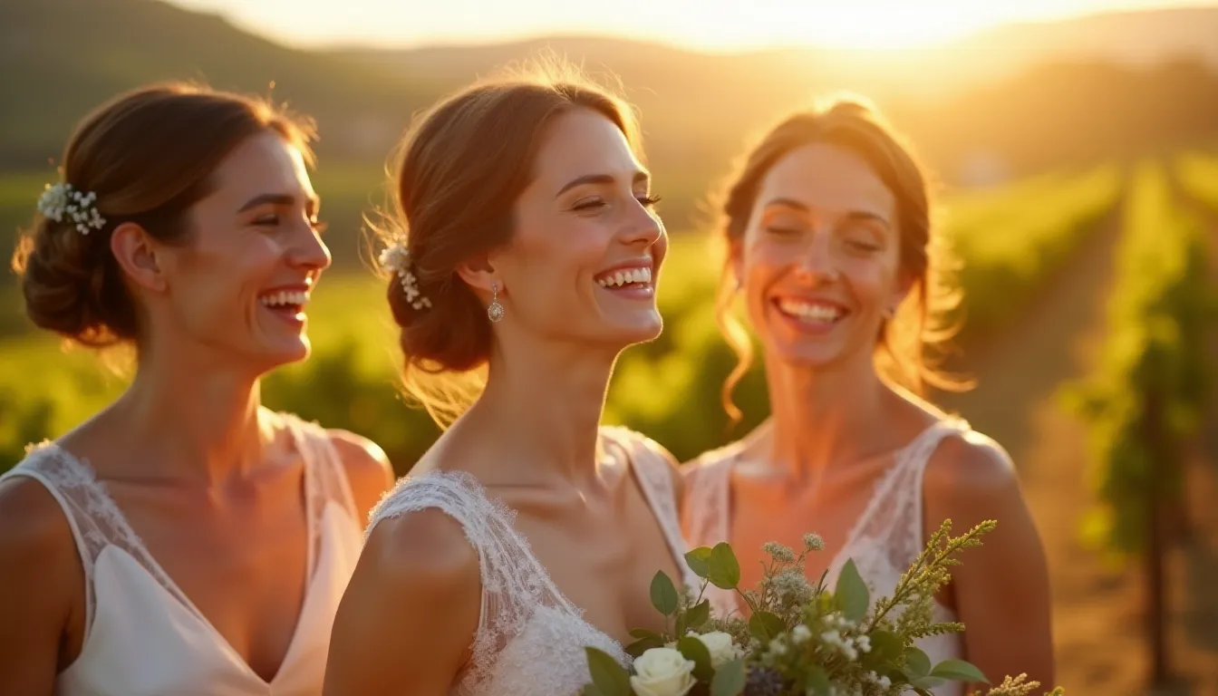 Mariée riant spontanément avec ses demoiselles d'honneur en lumière dorée de fin de journée dans la campagne lyonnaise, son maquillage mariage naturel sublimé par la lumière chaude du soir