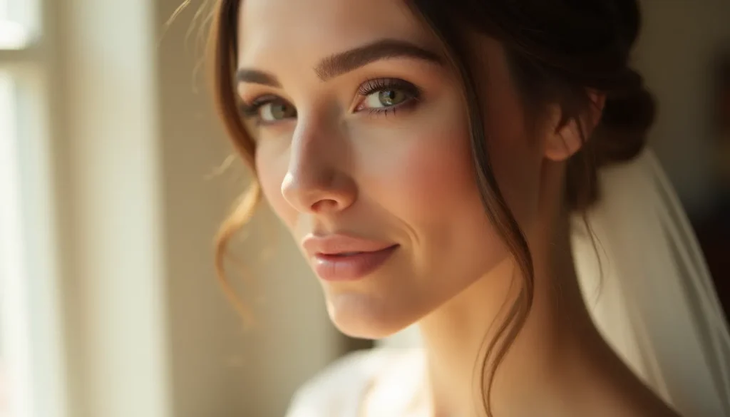 Portrait d'une mariée arborant un maquillage mariage naturel lumineux, teint rosé nacré et lèvres satinées, éclairée par une douce lumière naturelle