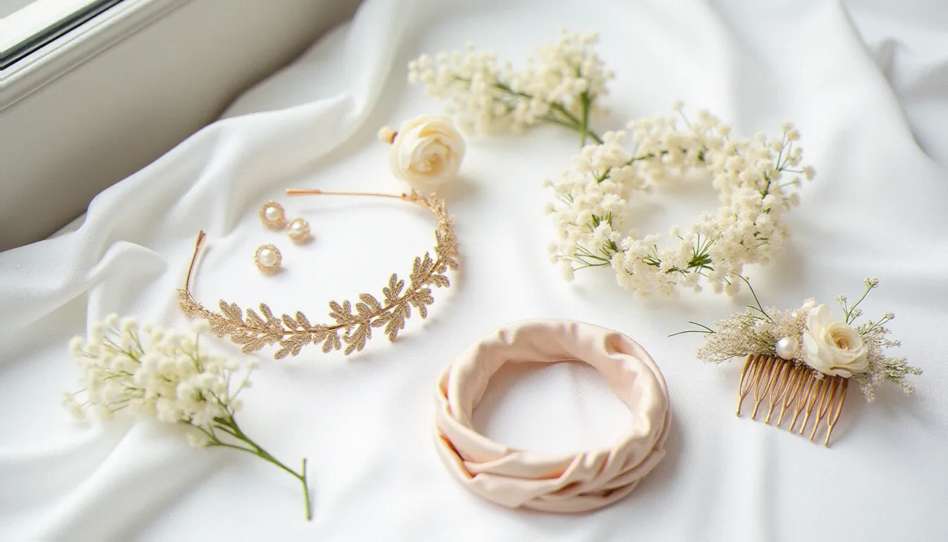 Collection d'accessoires mariage pour cheveux courts disposés sur lin blanc : tiare dorée, épingles à perles, couronne de fleurs séchées, bandeau en soie et peigne Art déco