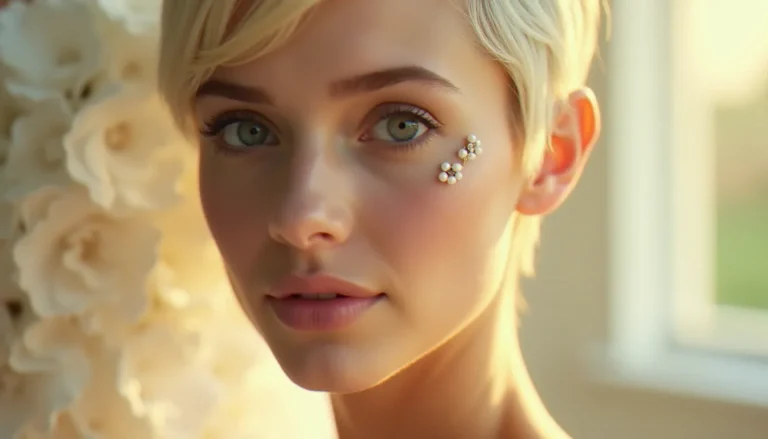 Portrait d'une mariée aux cheveux courts avec accessoire mariage épingles à perles baroques dans un pixie platine, lumière naturelle dorée