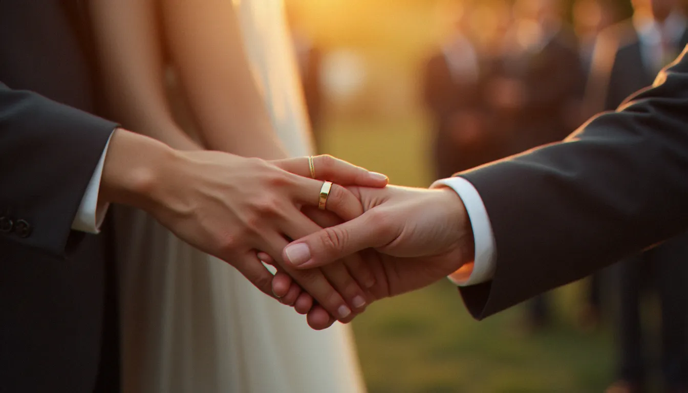 Mains enlacées d'un couple pendant l'échange des alliances, alliance homme mariage en or visible au doigt du marié, arrière-plan flou et lumineux