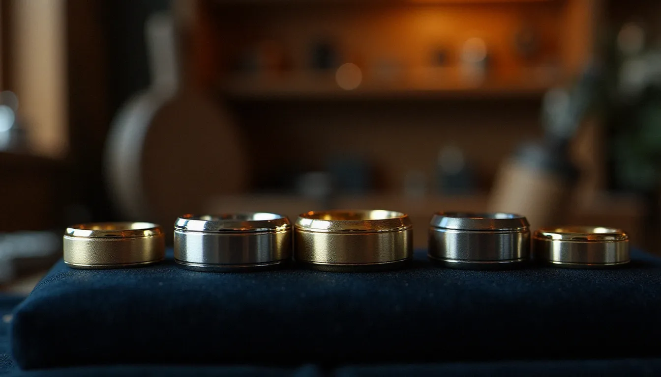 Plusieurs alliances mariage homme en différentes matières posées sur du velours sombre dans un atelier de joaillerie