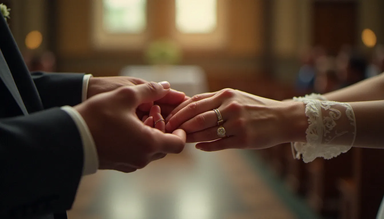 Vue du dessus de deux mains échangeant une alliance lors d'une cérémonie de mariage, lumière douce de vitraux en arrière-plan