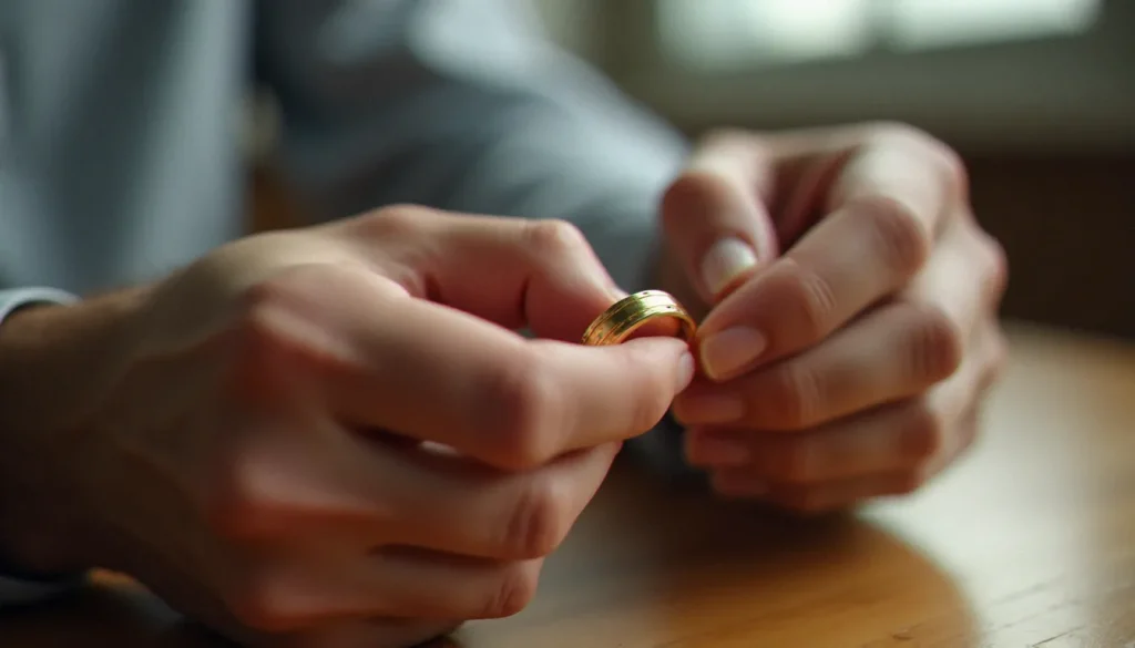 Gros plan sur les mains d'un homme tenant une alliance mariage homme en or, lumière naturelle, fond boisé flou