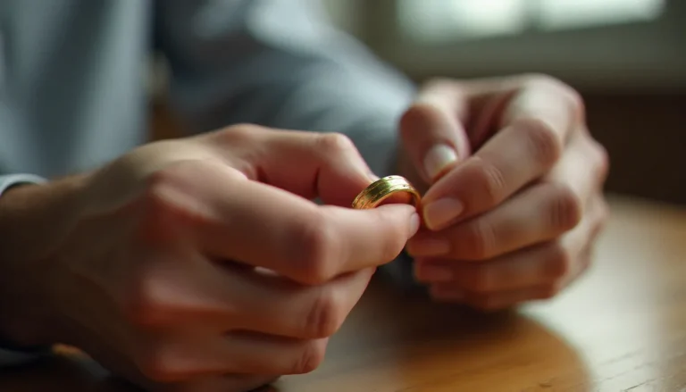 Gros plan sur les mains d'un homme tenant une alliance mariage homme en or, lumière naturelle, fond boisé flou