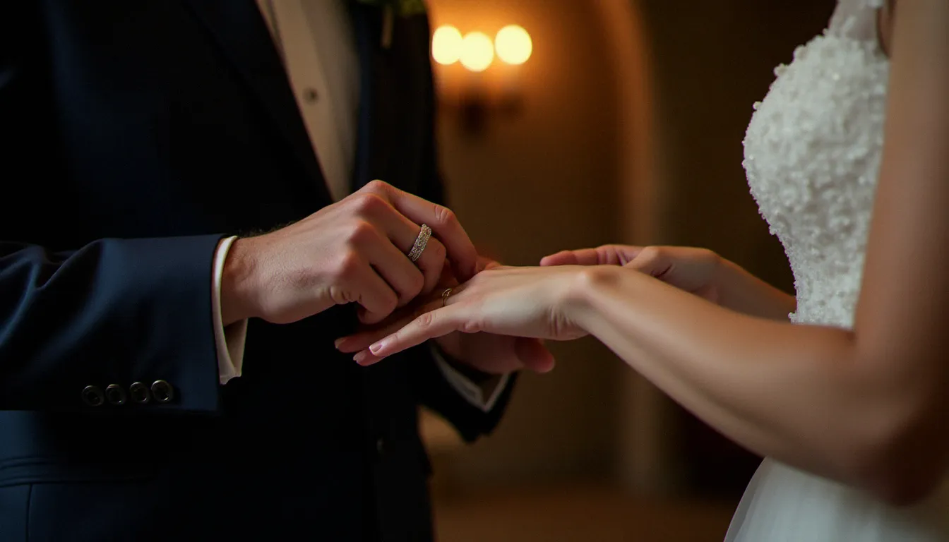 Marié glissant sa bague de mariage pour homme en platine martelé à son doigt lors de la cérémonie, mains de la mariée tenant son poignet