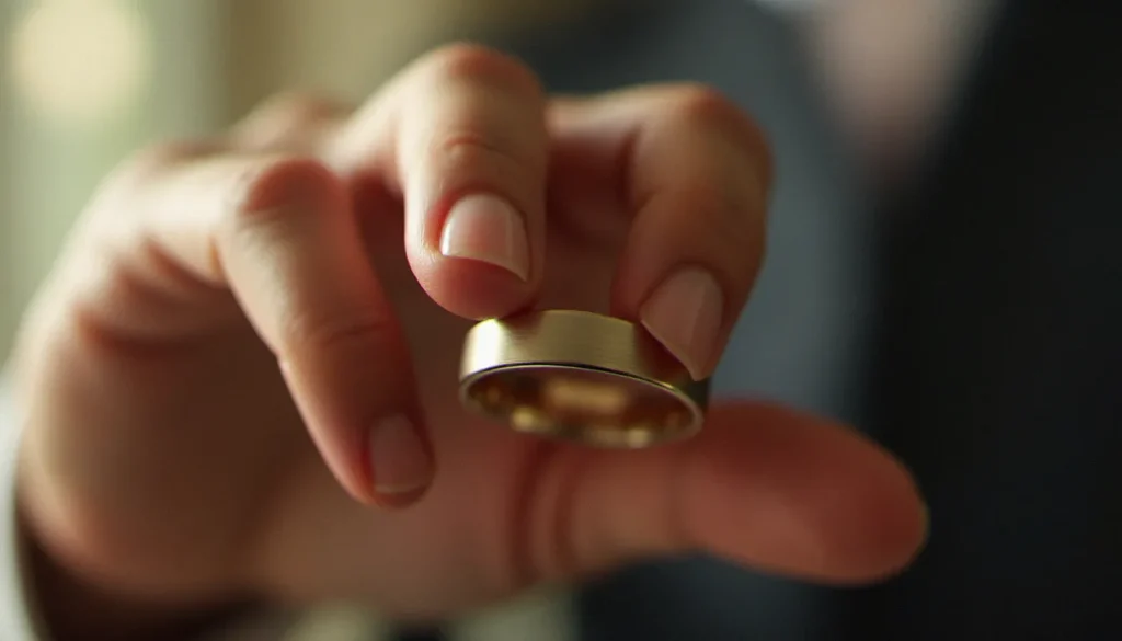 Gros plan d'une bague de mariage pour homme en or brossé tenue entre deux doigts masculins, lumière naturelle douce