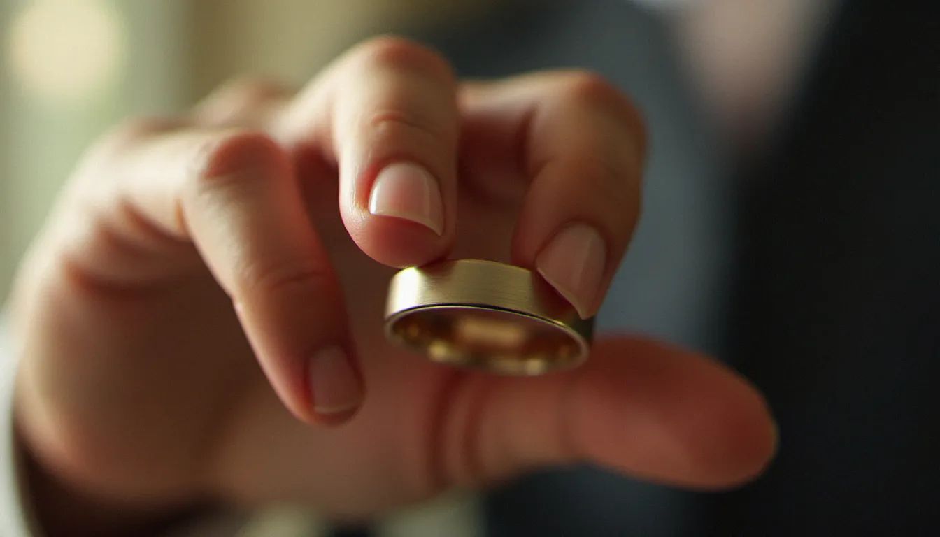 Gros plan d'une bague de mariage pour homme en or brossé tenue entre deux doigts masculins, lumière naturelle douce