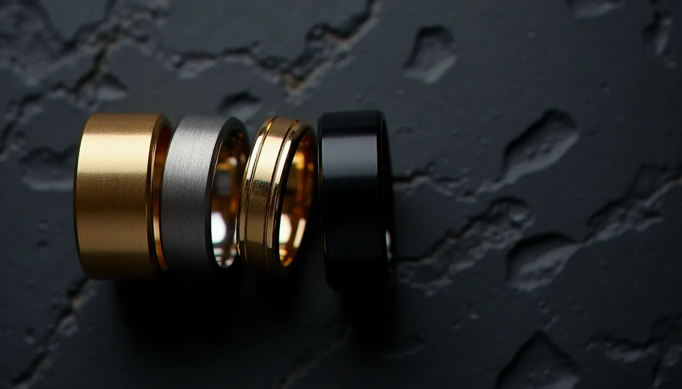 Quatre bagues homme mariage de différents matériaux posées sur ardoise, comparatif or jaune, titane, tungstène noir et bicolore