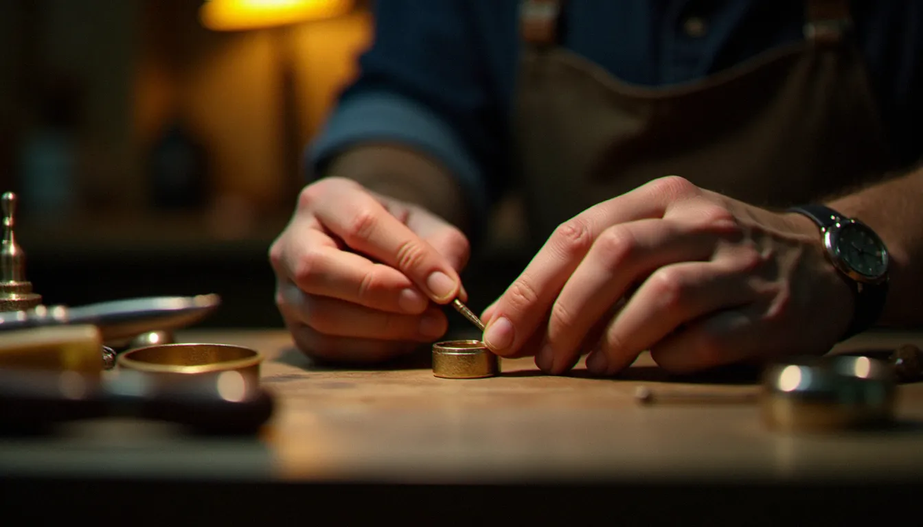 Artisan joaillier gravant l'intérieur d'une alliance homme en or dans son atelier lyonnais, personnalisation de bague mariage