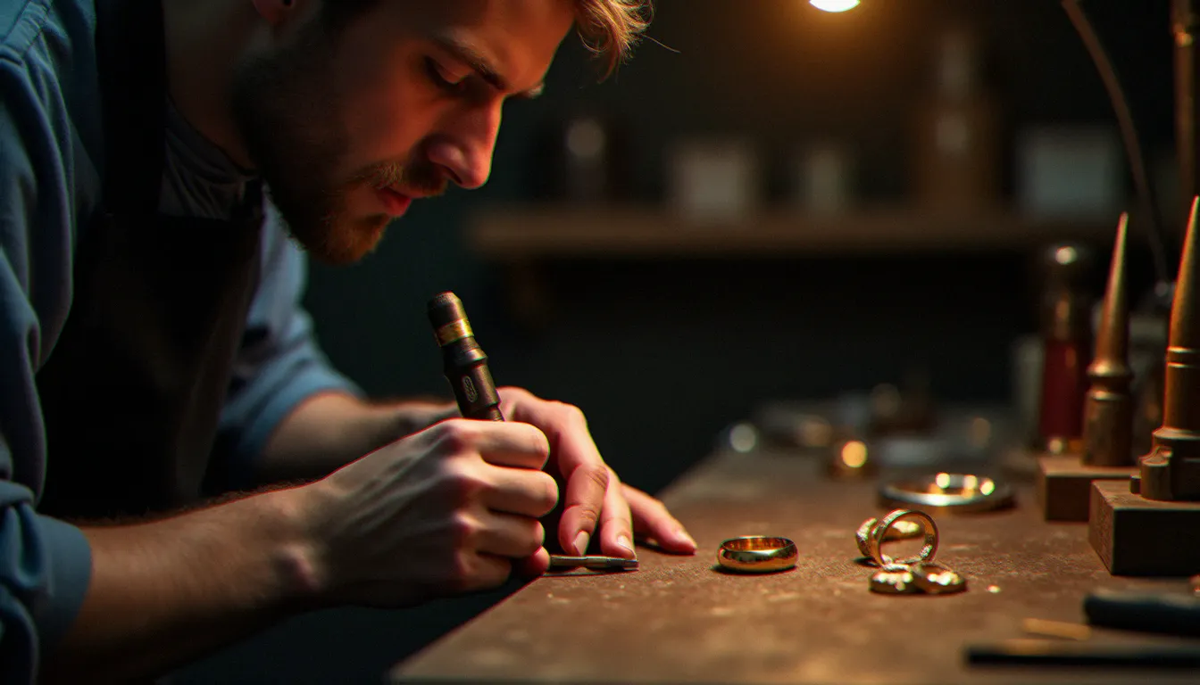 Joaillier gravant une bague mariage pour homme en or dans un atelier de bijouterie traditionnel, lumière chaude et outils visibles en arrière-plan