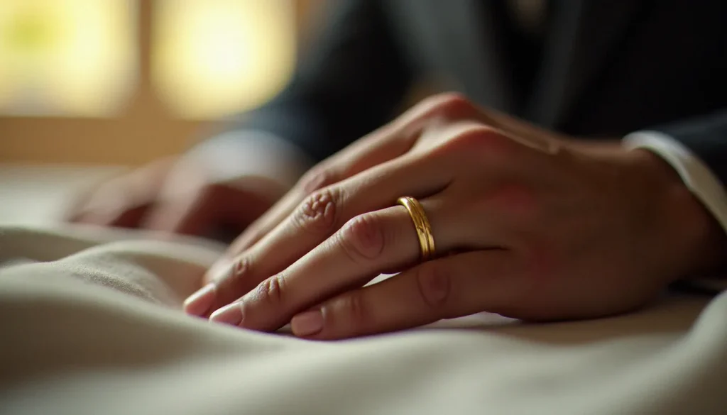 Main d'un marié portant une bague mariage pour homme en or poli, posée sur un tissu de lin beige en lumière naturelle