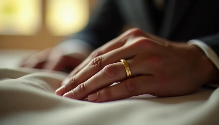 Main d'un marié portant une bague mariage pour homme en or poli, posée sur un tissu de lin beige en lumière naturelle