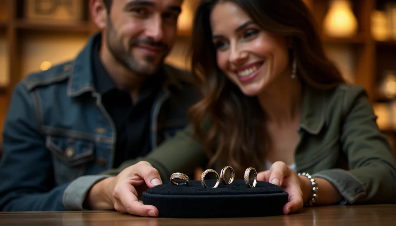 Un couple assis en bijouterie avec une bijoutière présentant plusieurs modèles de bague pour homme mariage disposés sur un coussin velours sombre
