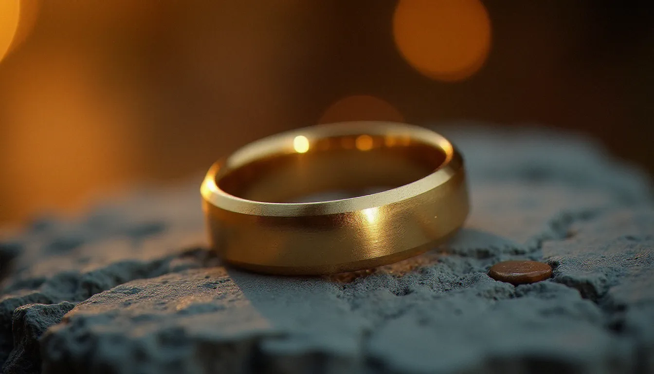 Macro d'une bague pour homme mariage en or mat avec finition martelée posée sur du granit gris, lumière rasante révélant la texture artisanale du métal