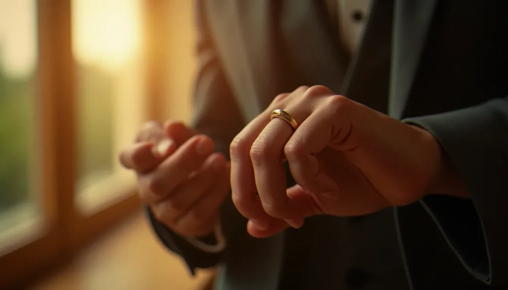 Gros plan sur une main masculine glissant une bague pour homme mariage en or poli sur l'annulaire, lumière naturelle chaude et douce