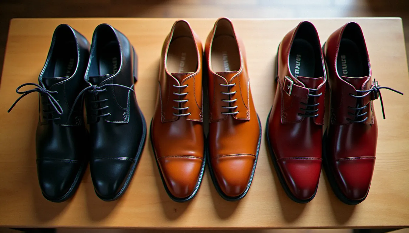 Trois paires de chaussures de mariage homme alignées — richelieu noir, derby cognac et monk-strap bordeaux — posées sur un bois clair sous une lumière naturelle