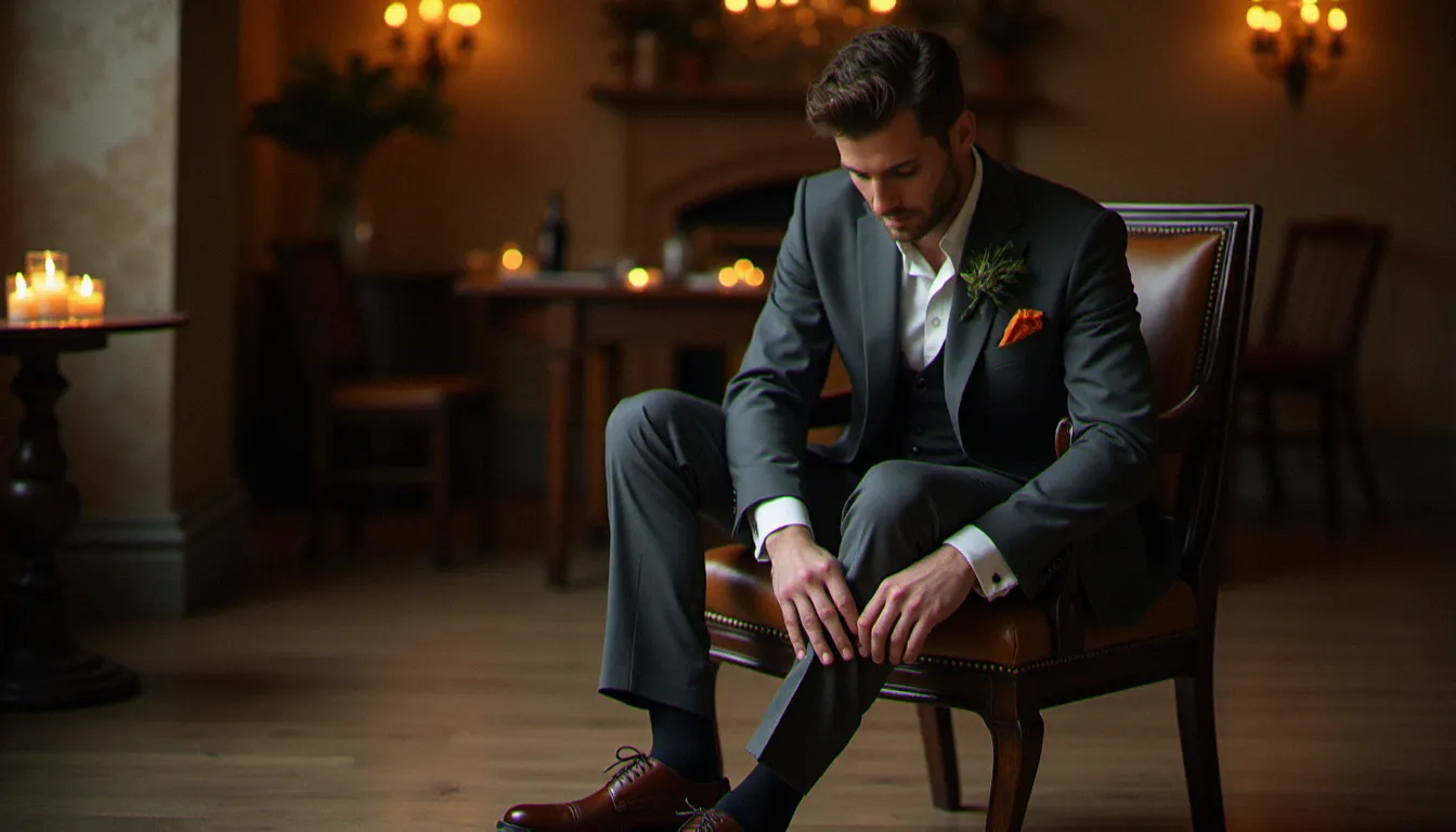Marié en costume gris anthracite ajustant sa chaussure de mariage homme en cuir cognac, assis sur une chaise en bois vintage dans un lieu de réception illuminé aux bougies