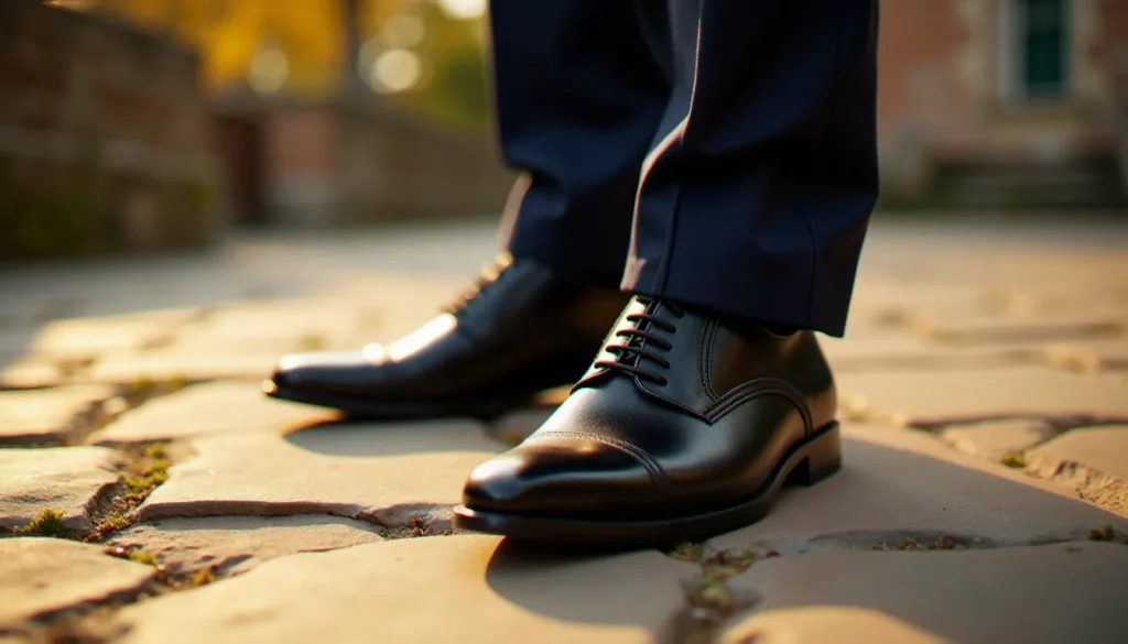 Chaussure de mariage homme en richelieu noir ciré portée par un marié en costume bleu marine sur un sol en pierre ancienne