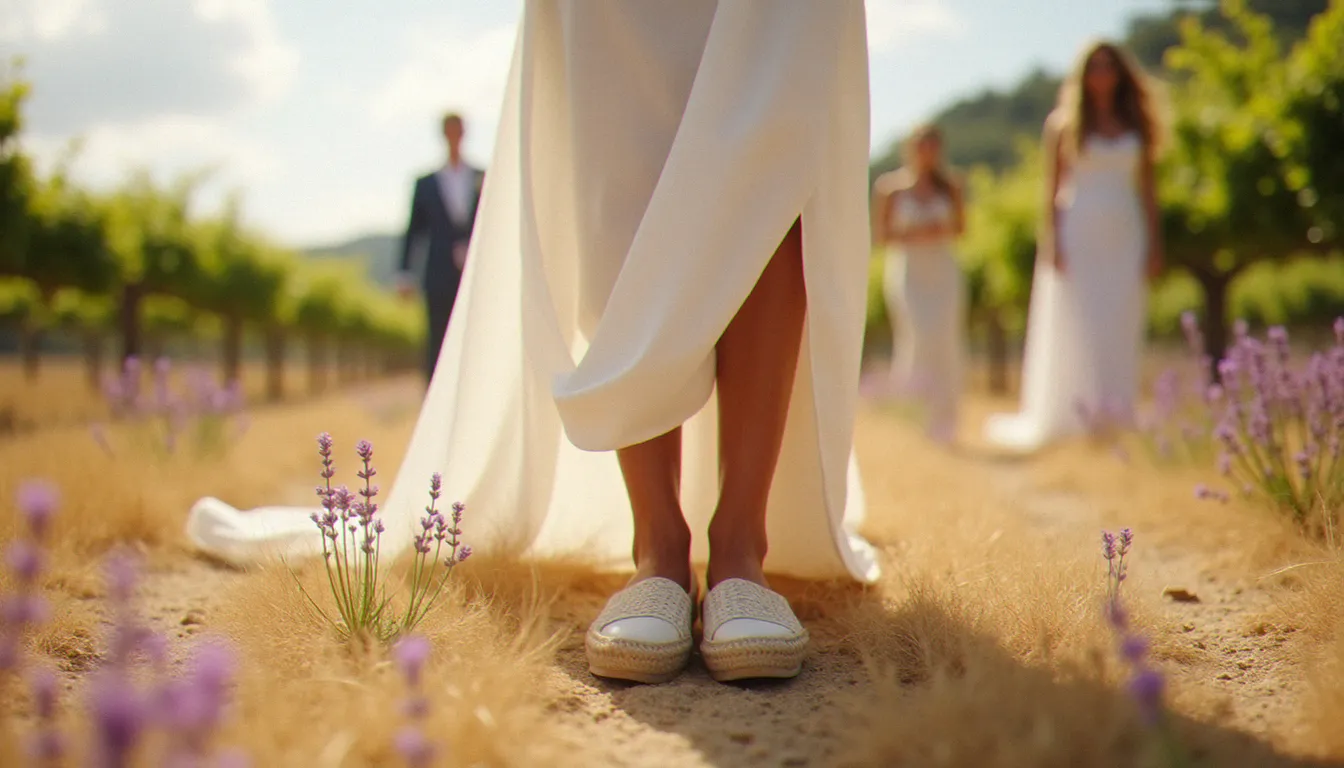 Mariée en espadrilles bohèmes tressées avec détails macramé lors d'une cérémonie en plein air dans un domaine viticole provençal, lumière naturelle d'après-midi