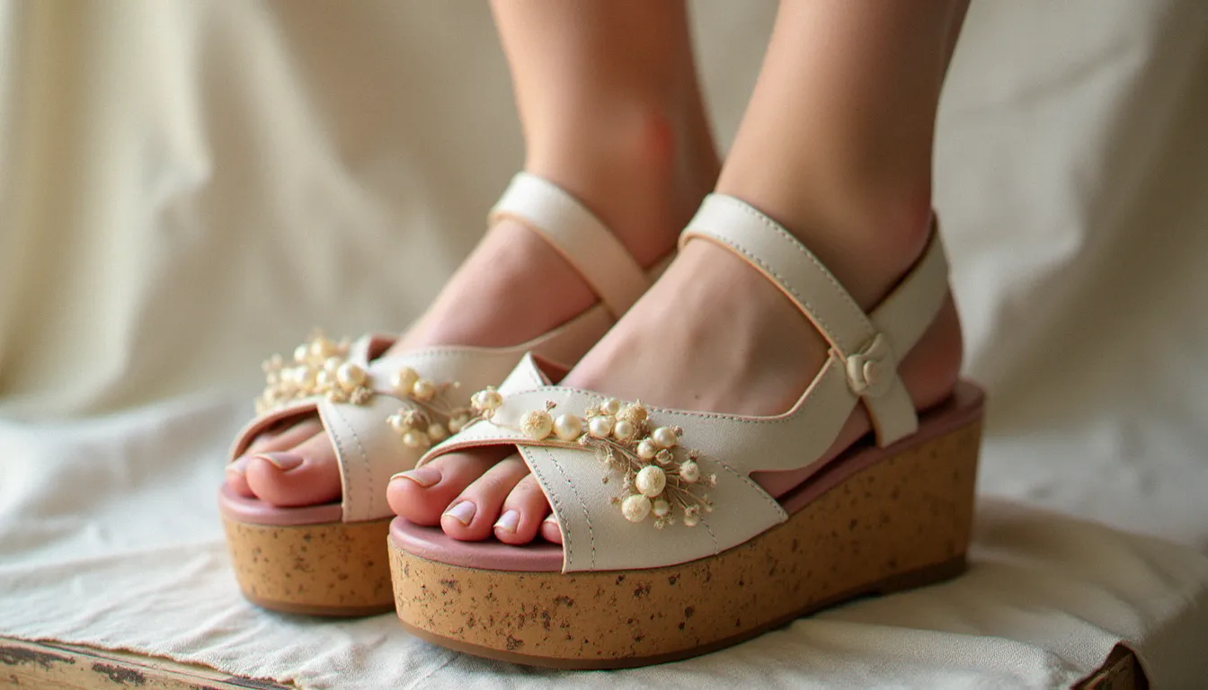 Chaussures mariage bohème artisanales à semelle en liège avec lanières en cuir brodé fleurs et détails en perles nacre, posées sur bois ancien, éclairage studio doux