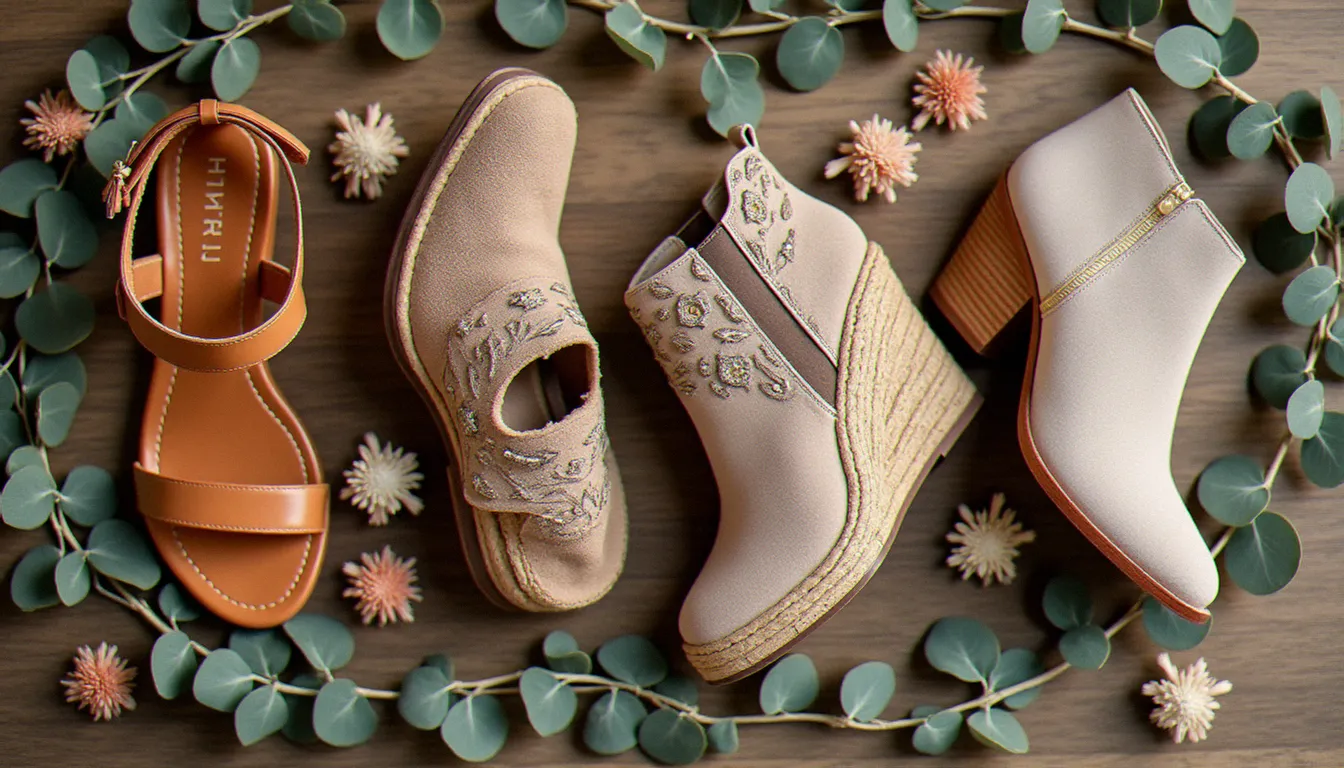Composition à plat de quatre modèles de chaussures mariage bohème chic disposés sur bois brut entouré de fleurs séchées — sandales cuir, espadrilles compensées, boots brodés et mules en daim nude