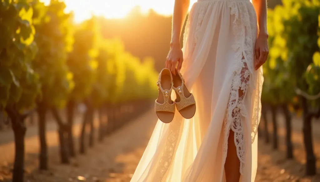 Mariée en robe de dentelle ivoire tenant à la main une paire de sandales à lanières dorées avec détails de perles, symbole parfait de la chaussure mariage bohème chic, dans un vignoble au coucher du soleil