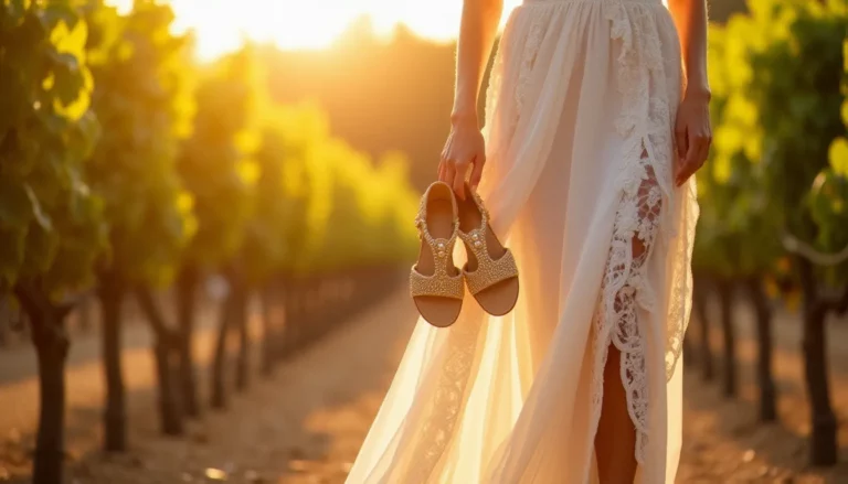 Mariée en robe de dentelle ivoire tenant à la main une paire de sandales à lanières dorées avec détails de perles, symbole parfait de la chaussure mariage bohème chic, dans un vignoble au coucher du soleil