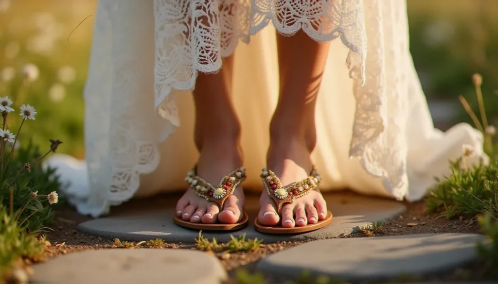 Sandales mariage bohème en cuir naturel avec broderies florales portées par une mariée sur un chemin de pierre entouré de fleurs sauvages, lumière dorée de fin de journée