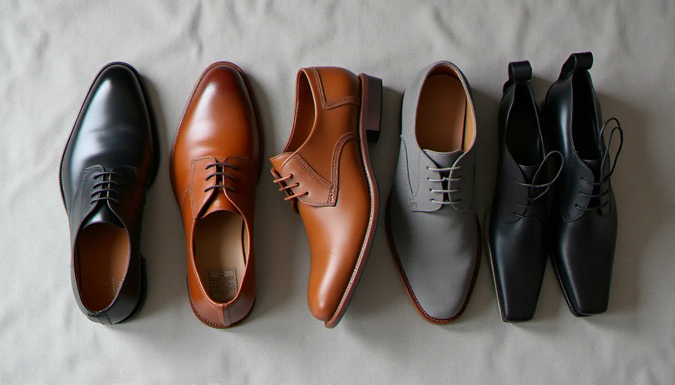 Cinq styles de chaussures mariage homme côte à côte : richelieu noir, derby cognac, monk-strap marron, daim gris et chelsea boot, disposés sur fond de lin clair
