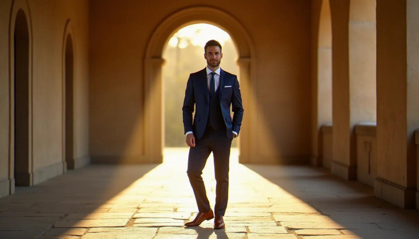 Marié en costume bleu marine dans un couloir de château français, les chaussures mariage homme en cuir marron reflétant la lumière dorée du sol en pierre