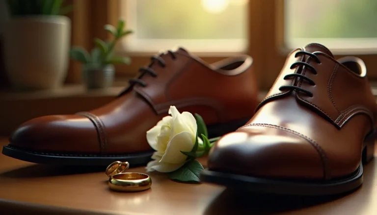 Chaussures mariage homme en cuir cognac poli à la main, posées sur une commode en bois aux côtés d'une alliance dorée et d'une boutonnière blanche