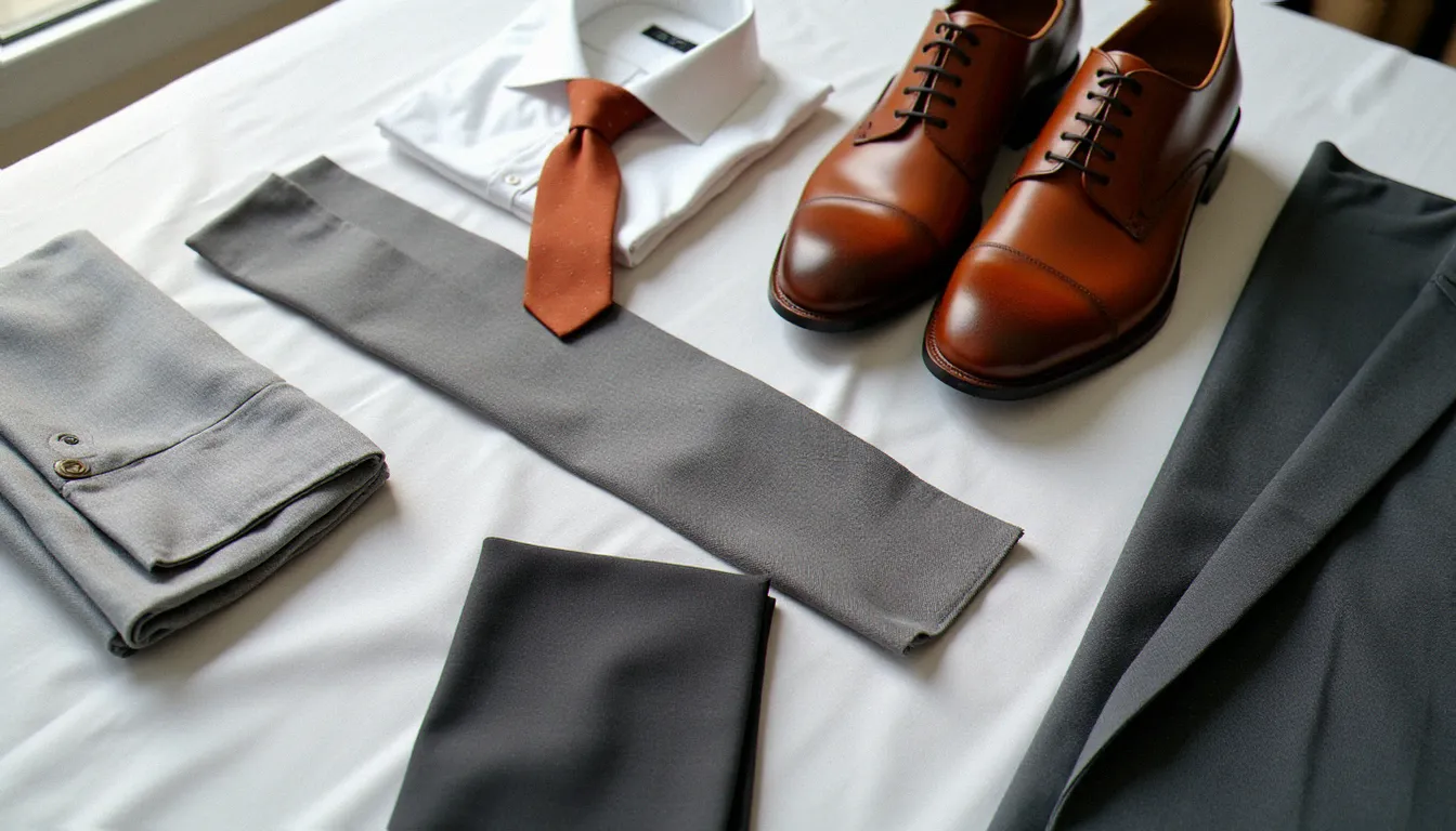 Comparaison de trois nuances de gris pour costume de mariage — gris perle, gris moyen et gris anthracite — posées avec des accessoires assortis sur fond lin blanc
