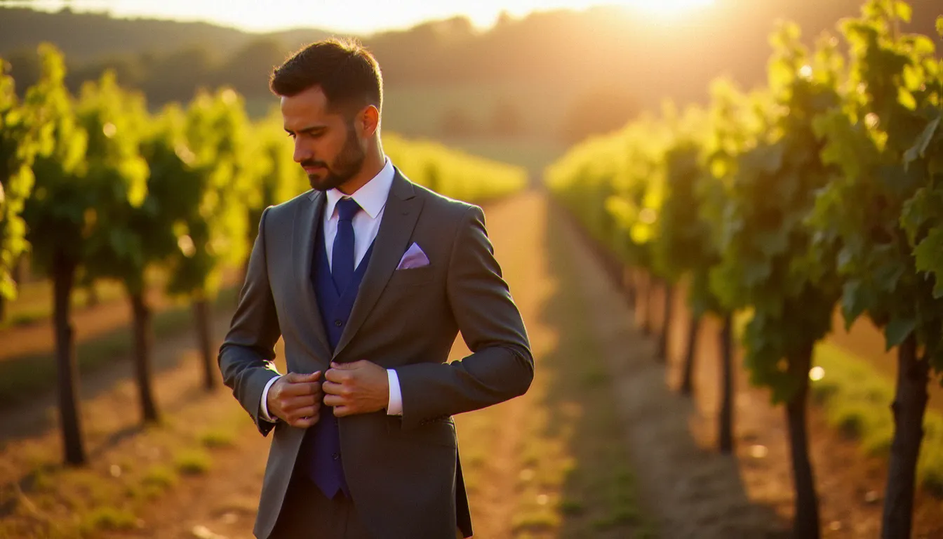 Marié en costume gris anthracite personnalisé dans un vignoble du Beaujolais près de Lyon, doublure bleue entrevue, lumière chaude de fin d'après-midi