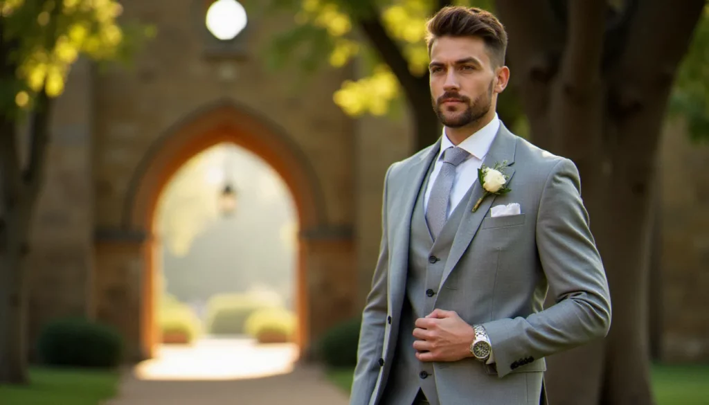 Marié en costume gris clair devant une chapelle en pierre à Lyon, lumière dorée du matin, illustrant l'élégance intemporelle d'un costume gris pour mariage