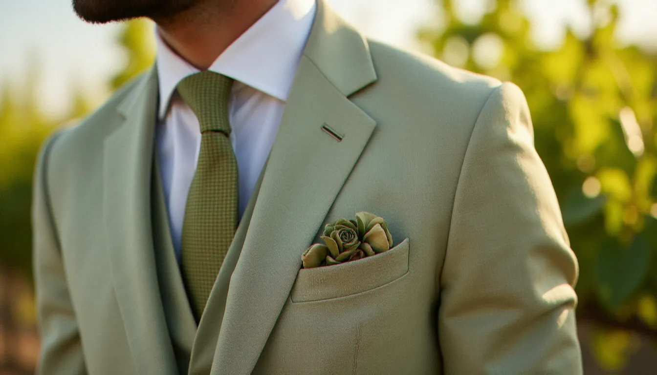 Gros plan sur le revers d'un costume vert sauge d'un invité mariage homme avec cravate tricot et chemise blanche, lumière naturelle dorée