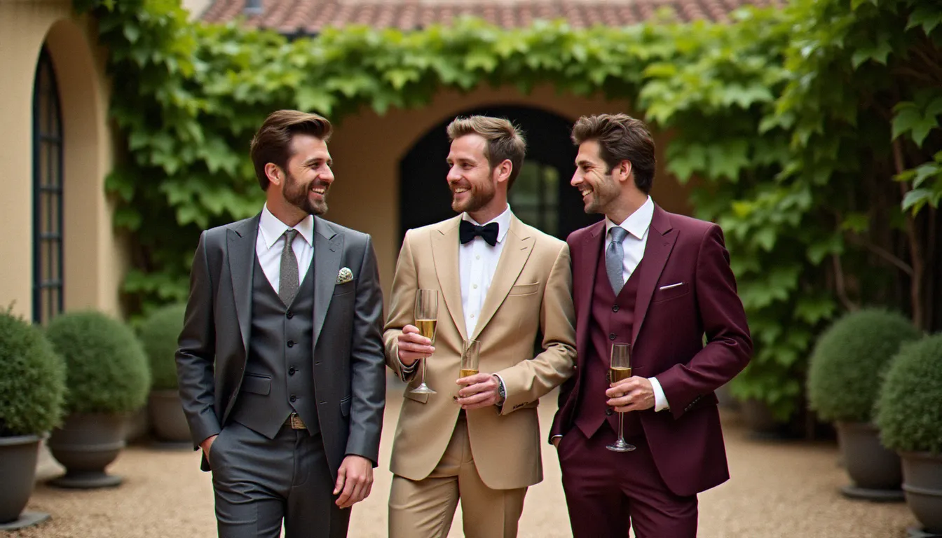 Trois invités hommes portant des costumes de mariage aux couleurs complémentaires — gris anthracite, beige lin et bordeaux croisé — dans la cour d'un domaine viticole français