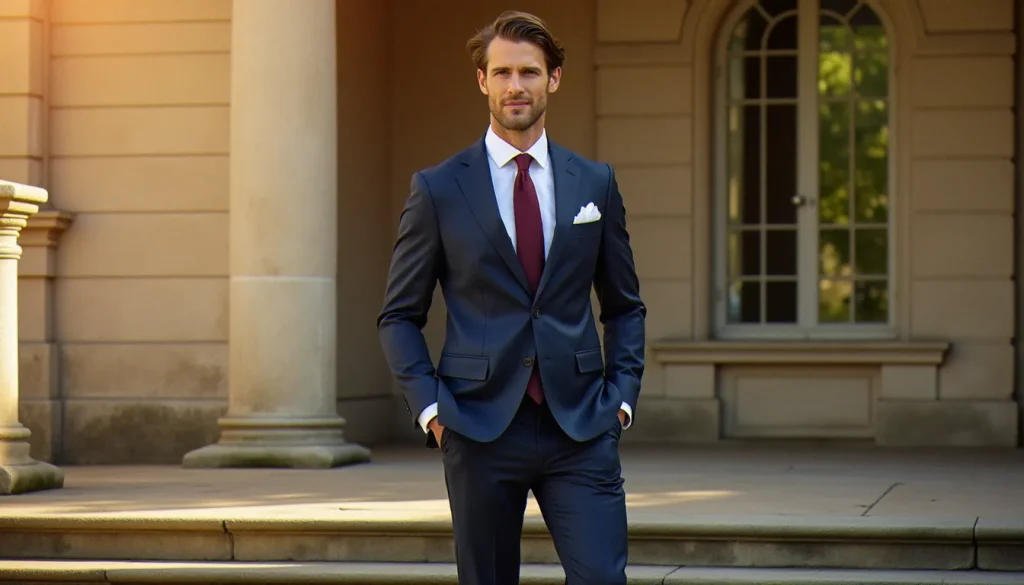 Homme élégant en costume bleu marine sur les marches d'un château français, tenue d'invité mariage homme soignée avec cravate bordeaux et pochette blanche