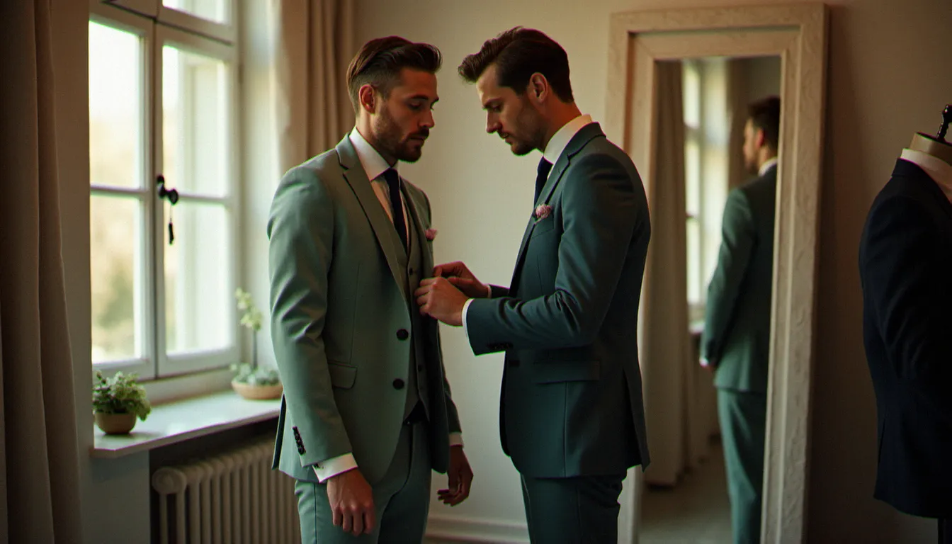 Homme essayant un costume mariage couleur vert sauge dans un atelier de tailleur lyonnais baigné de lumière naturelle