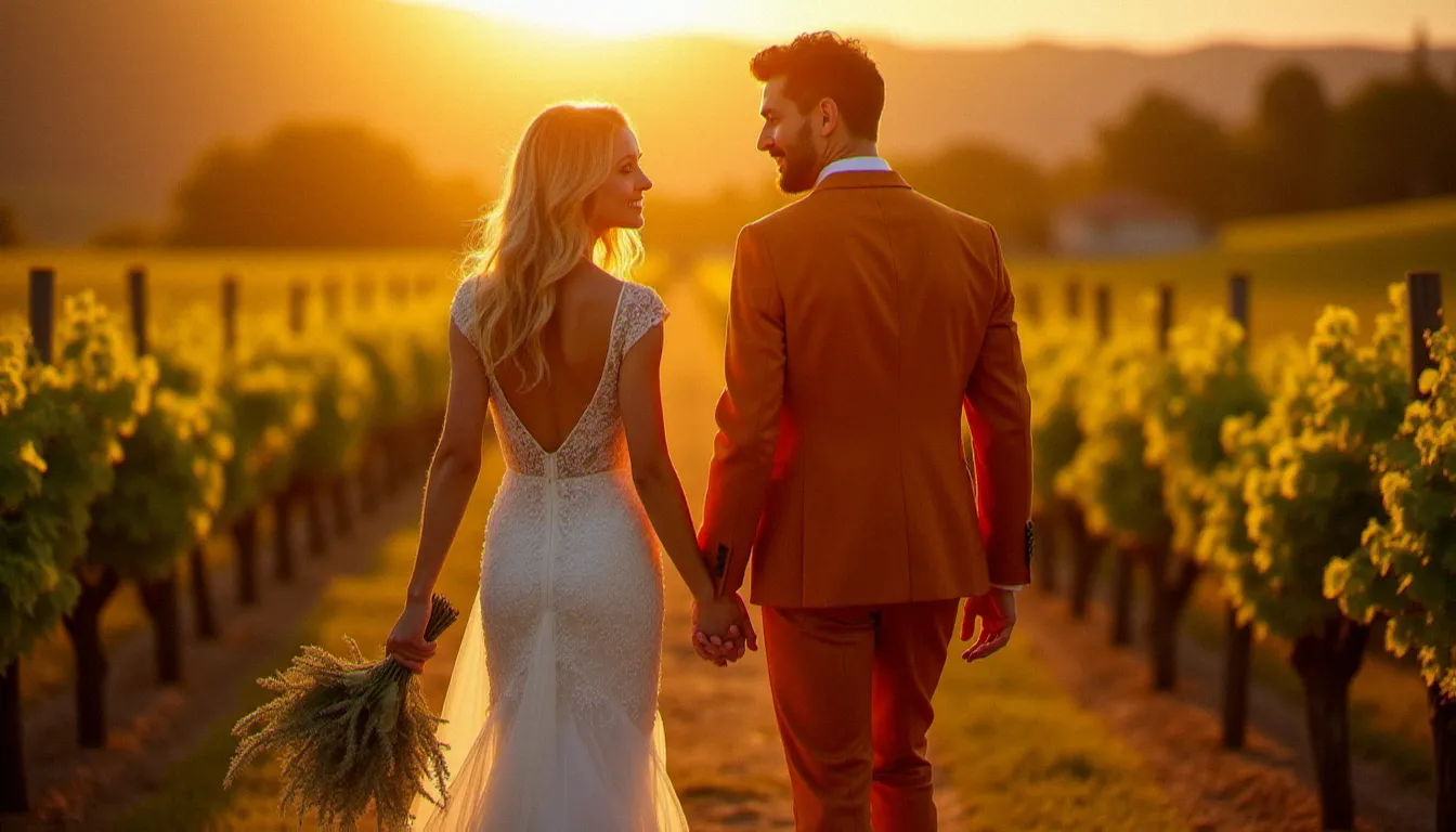 Couple de mariés dans les vignes du Rhône, le marié en costume mariage couleur terracotta et la mariée en robe dentelle ivoire, lumière dorée d'automne