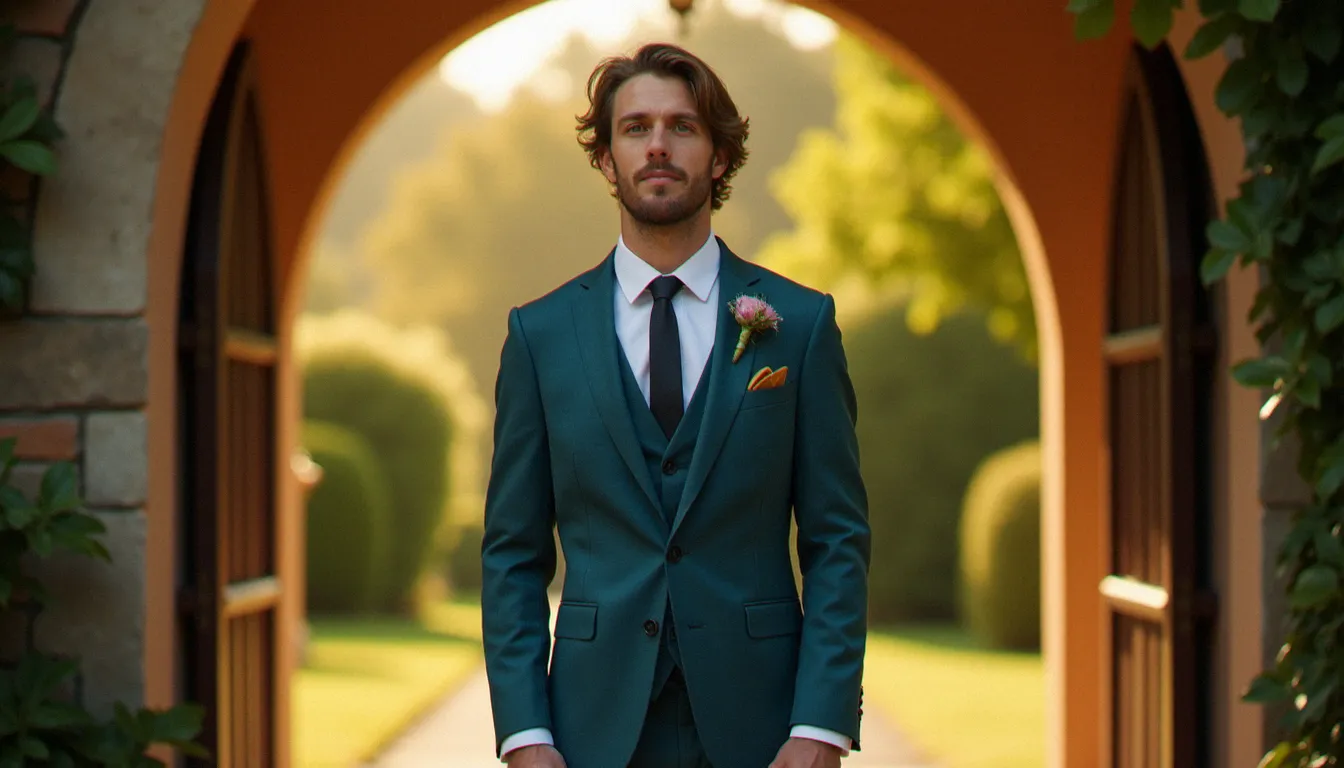 Marié portant un costume mariage couleur bleu canard devant une chapelle en pierre, lumière dorée de fin de journée en France