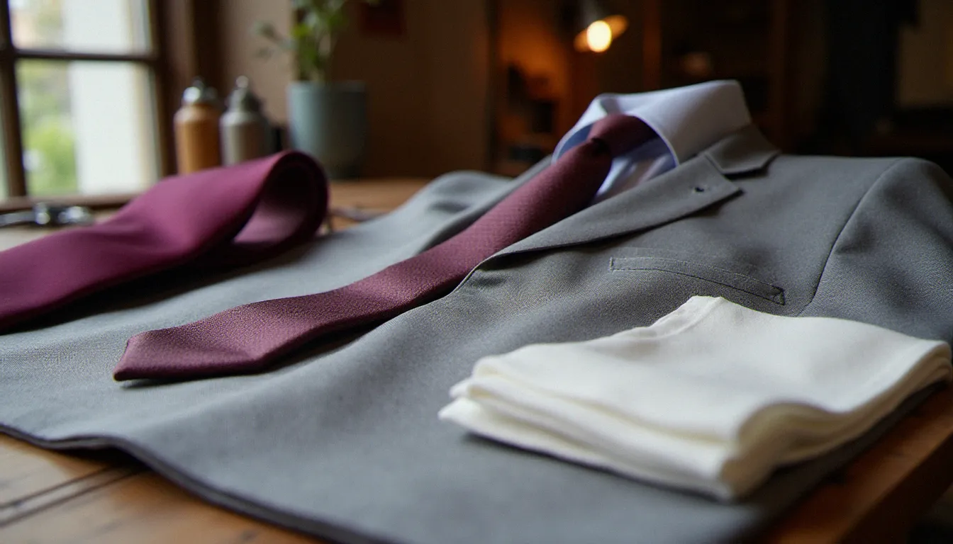 Détail de tissu laine Super 130 pour costume mariage luxe homme avec cravate en soie et pochette lin blanc sur table de tailleur lyonnais